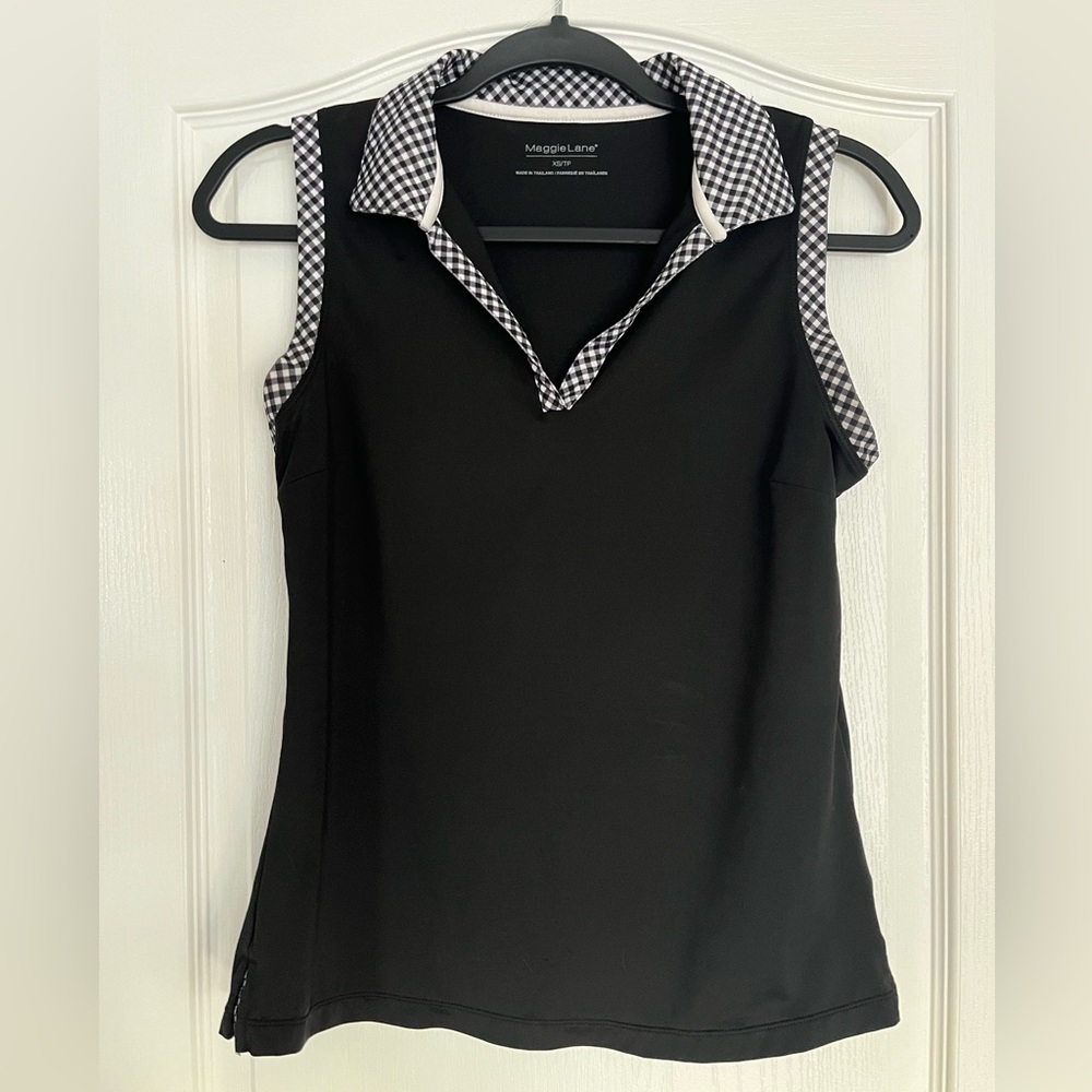 Maggie Lane Black Sleeveless Golf Top with Checkered Collar Sz XS